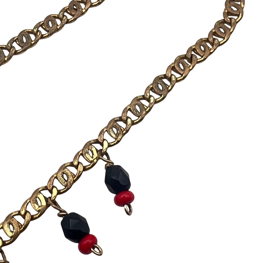 Vintage 1/20 14K Gold-Filled Anklet Bracelet Black Red Bead Charms Dangle 9.5" - Picture 7 of 9